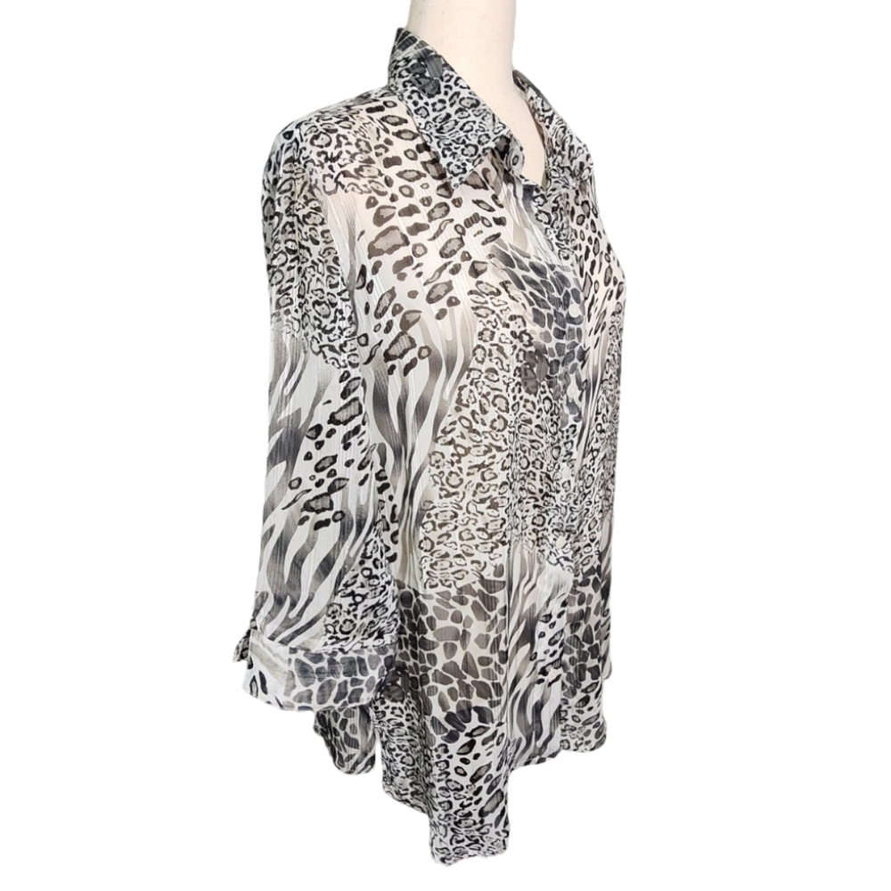 N Touch Mixed Animal Print Button Front 3/4 Sleeve Metallic Thread Blouse M NEW